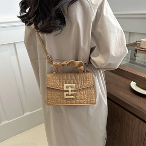 Khaki crocodile pattern square handbag with gold buckle and ruched handle for women