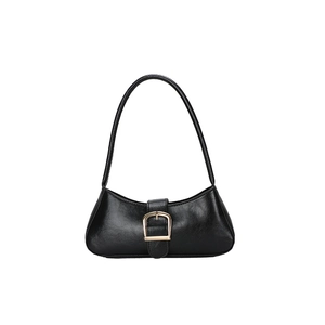 Minimalist black crescent baguette shoulder bag with gold buckle on white background
