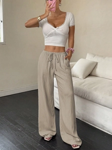 Women's casual beige wide leg trousers with elastic drawstring waist and side pockets