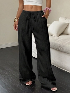 Women black high waist wide leg trousers with vertical texture and drawstring waist