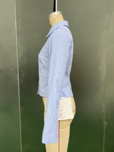 Vue détaillée d'une chemise à rayures bleues et blanches avec étiquette de mesure