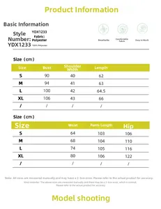Size chart and fabric details for women vest trousers set in 100% polyester