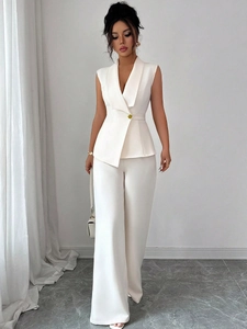 Elegant white two-piece suit with sleeveless vest and wide leg trousers for women