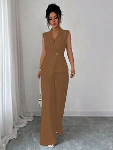 Women's 2-piece solid brown vest and wide-leg trousers suit set for a formal look