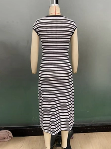 Vue arrière d'une robe midi en maille ajustée avec des rayures horizontales noir et blanc