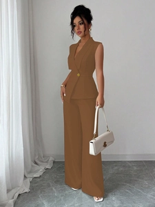 Elegant brown sleeveless vest and high-waist wide-leg trousers two-piece set for women