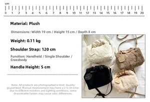 Detail view of plush handbags showing dimensions 19x15x8cm and multiple color options