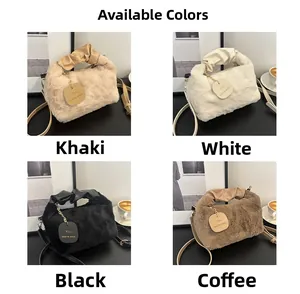 Detailed grid view of four fluffy plush crossbody bags with pleated leather handles
