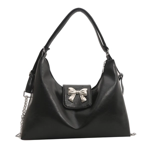 Black PU leather hobo bag with silver bow hardware and adjustable chain shoulder strap