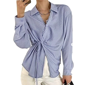 Women's light blue long sleeve button-down shirt with adjustable drawstring waist tie