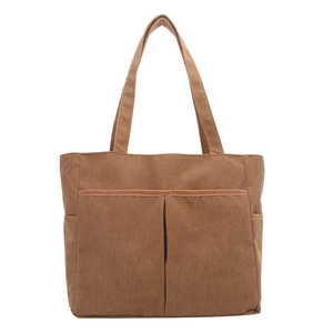 Brown corduroy large tote bag with front pockets for women, stylish shoulder handbag