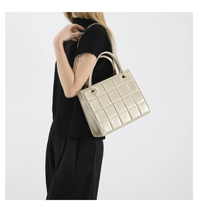 Detailed close-up of champagne gold quilted chain bag showing texture and hardware