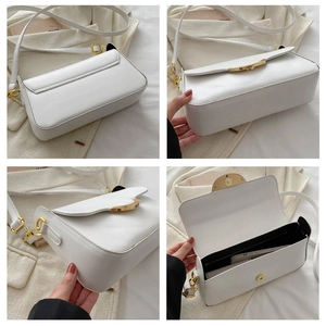 Detail shots of white minimalist crossbody bag showing strap, buckle and black lining