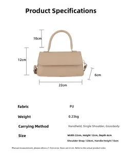 Detailed size chart of beige PU leather shoulder bag with specific measurements in cm