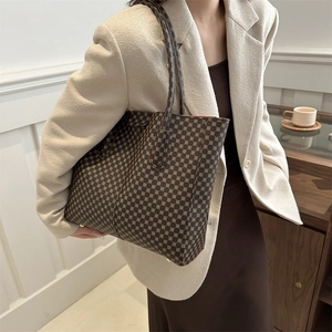 Retro brown polka dot tote bag for women with long leather shoulder straps