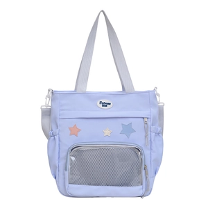 Grand sac fourre-tout en nylon violet avec patchs d'étoiles et poche en filet