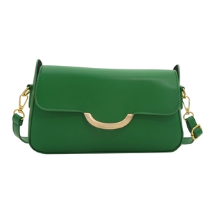Minimalist green faux leather crossbody square bag with elegant golden crescent buckle