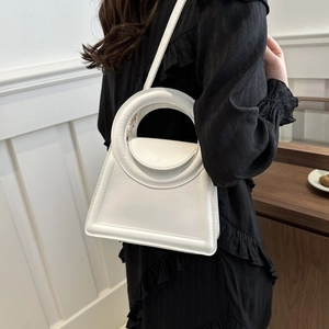 Women Minimalist PU Leather Handbag Unique Circular Handle Crossbody Bag Vintage Trapezoid Shoulder Bag Daily Casual Purse
