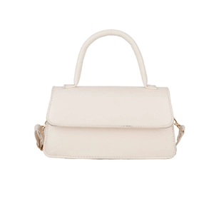 Beige faux leather shoulder bag with structured flap and elegant cylindrical handle