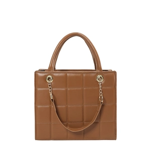 Brown quilted square handbag with gold chain strap and elegant top handle on white background