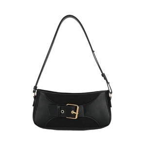 Minimalist black leather underarm bag with gold buckle for women in daily casual style