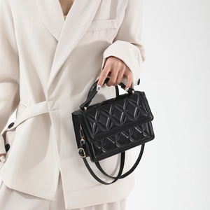 French Minimalist Rhombic Quilted PU Leather Shoulder Bag For Women Fashion Small Square Crossbody Bag With Top Handle Golden Hardware