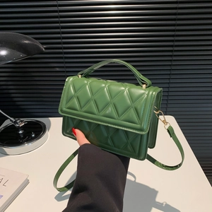 Elegant green quilted faux leather square bag with top handle and gold chain strap