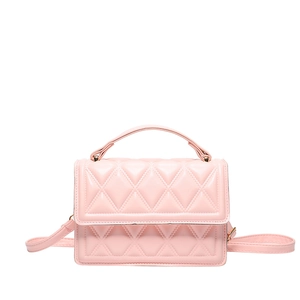 Quilted pink crossbody bag with top handle and elegant flip-cover design for women