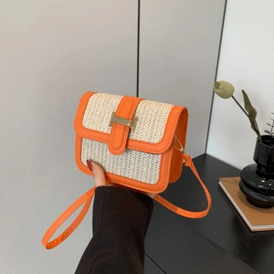 Fashionable woven patchwork crossbody bag with orange leather and golden H buckle