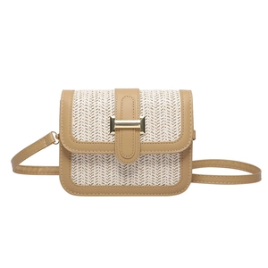 Trendy woven flap crossbody bag with beige herringbone pattern and tan leather trim