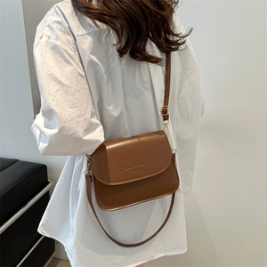 Minimalist brown leather crossbody square bag with gold hardware and adjustable strap