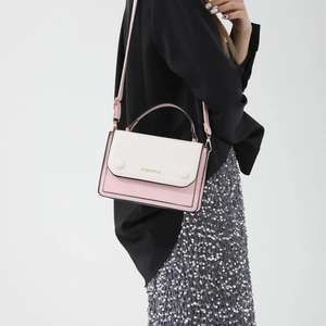 Fashion contrast color leather handbag in pink and beige with crossbody strap for women