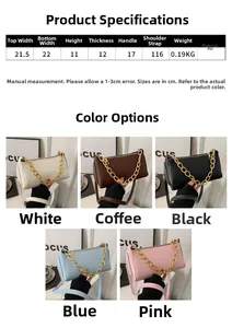 Infographic showing PU leather shoulder bag dimensions and multi-color product range