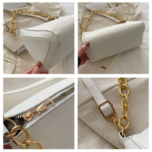 Detailed views of white triangular shoulder bag with gold chain and metal zipper hardware