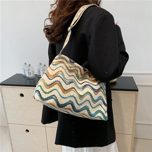 Retro wave pattern tote bag with woven fabric and adjustable shoulder strap for women