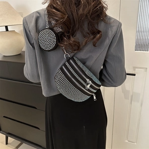 Borsa da Petto alla Moda con Strass da Donna e Portamonete Rotondo Marsupio di Paillettes Tracolla Street Style Cinturino Largo