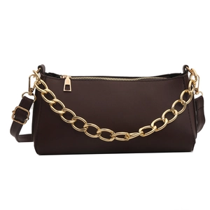 Minimalist dark brown shoulder bag with a bold gold chain strap and smooth PU leather finish