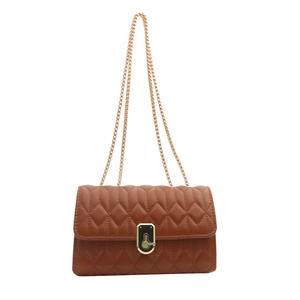 Caramel quilted PU leather crossbody bag with gold chain strap and metal twist lock