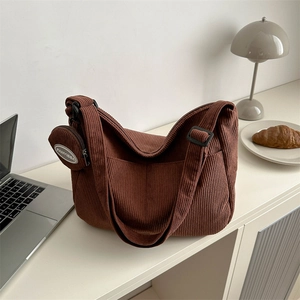 Brown corduroy hobo bag with large capacity and matching round coin purse charm