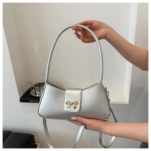 Sac à main argenté en PU avec boucle en nœud doré et texture à paillettes métalliques