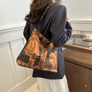 Women's Newspaper Print Nylon Tote Bag Large Capacity Shoulder Bag With Colorful Letter Strap Casual Streetwear Handbag