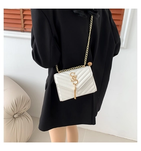Detail view of white quilted square crossbody bag with gold chain and metal tassel