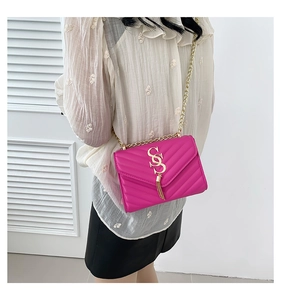 Detail showing fuchsia chevron crossbody bag with gold S-clasp and fringe tassel