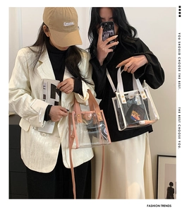 Detail showing two transparent PVC tote bags with pink and white piping and gold studs