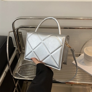 Women Quilted Rhombic Small Square Bag Fashion PU Leather Crossbody Shoulder Handbag With Top Handle Gold Silver Solid Color