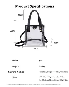 Detailed size specifications for transparent PVC tote bag with black handles and metal studs