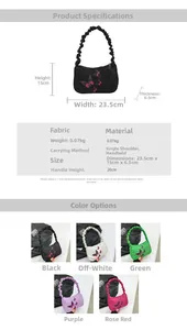 Detailed dimension chart and multi-color options for large capacity butterfly shoulder bag