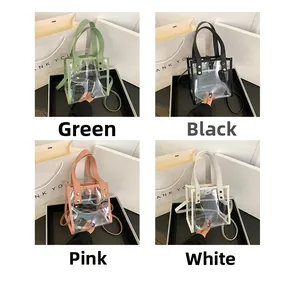 Transparent PVC mini tote bags in four colors: green, black, pink, and white with metal studs