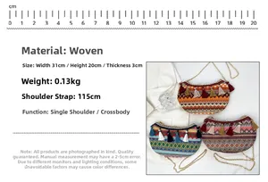 Detail of bohemian crescent bags showing woven texture, colorful tassels, and golden chains