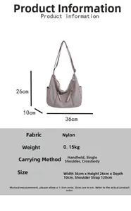 Detailed dimension chart showing nylon tote bag measurements 36x26x10cm with adjustable strap